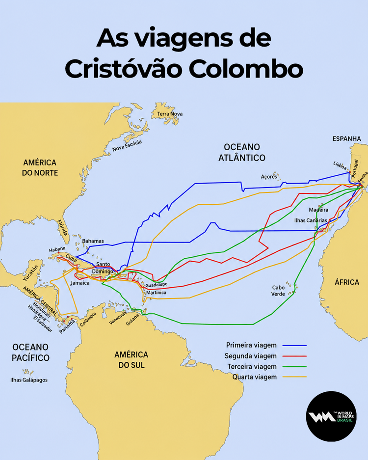 Mapa que mostra a trajetória de Cristóvão Colombo em todas as suas viagens