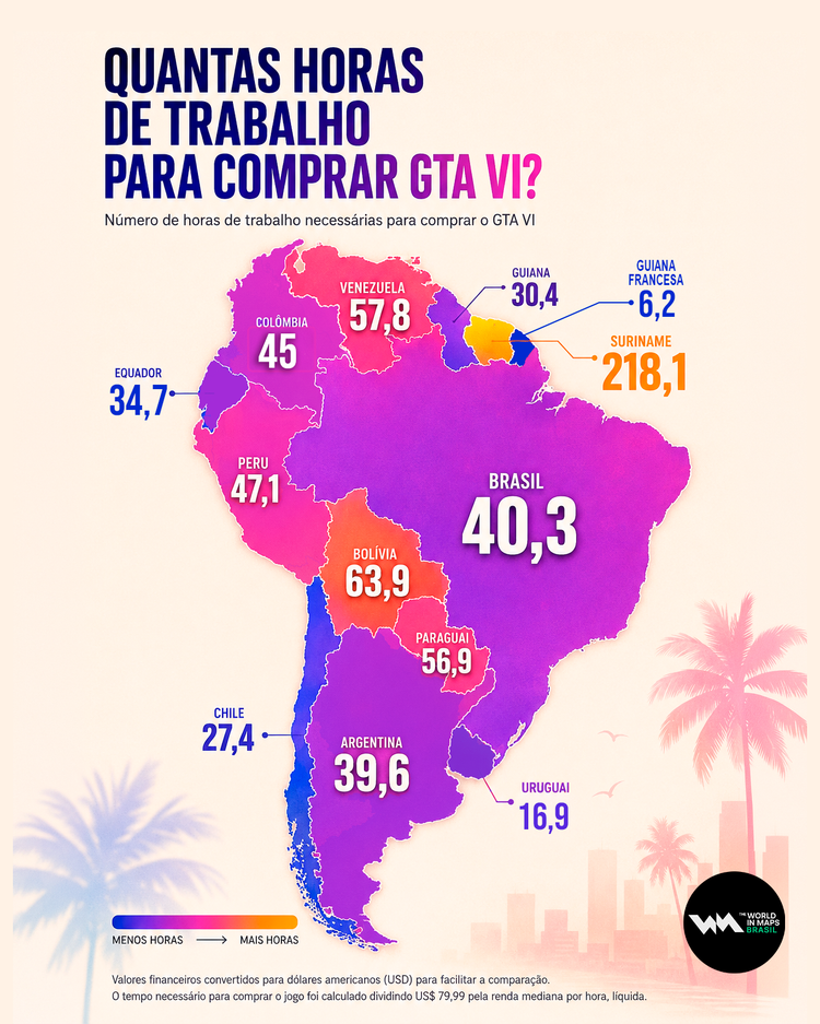 Mapa com o custo do GTA VI nos países da América do Sul em horas de trabalho