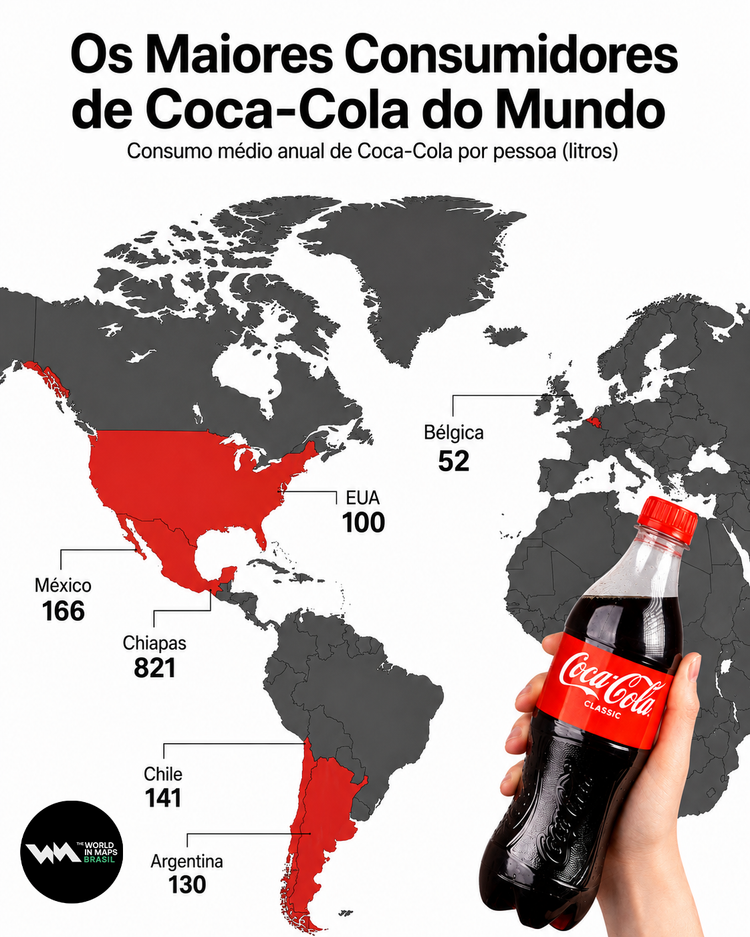 Mapa que mostra o consumo de Coca-cola ao redor do mundo