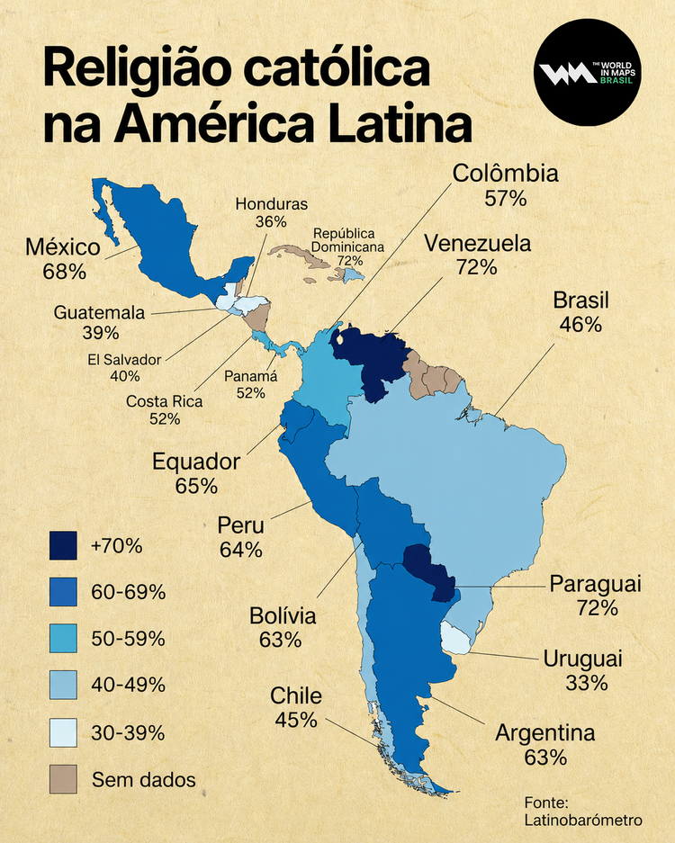 Mapa mostra  a quantidade de católicos nos países da América Latina