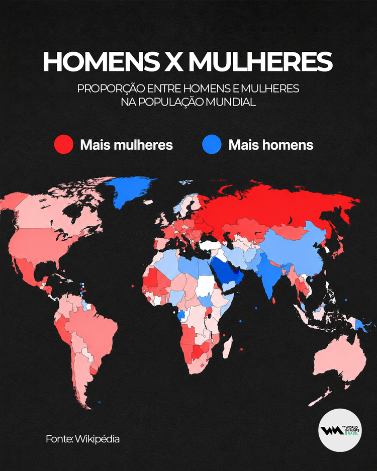 Mapa mostra a proporção entre homens e mulheres na população mundial