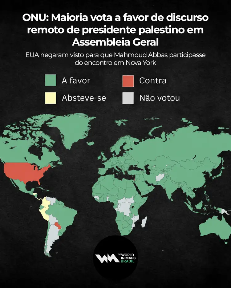 A Assembleia Geral da ONU aprovou, por ampla maioria, a permissão para que o presidente palestino, Mahmoud Abbas, discurse remotamente na próxima reunião de alto nível da organização, depois que os Estados Unidos lhe negaram o visto para viajar a Nova York pelo segundo ano consecutivo. A resolução foi aprovada com 152 votos a favor, 3 contra e 4 abstenções.