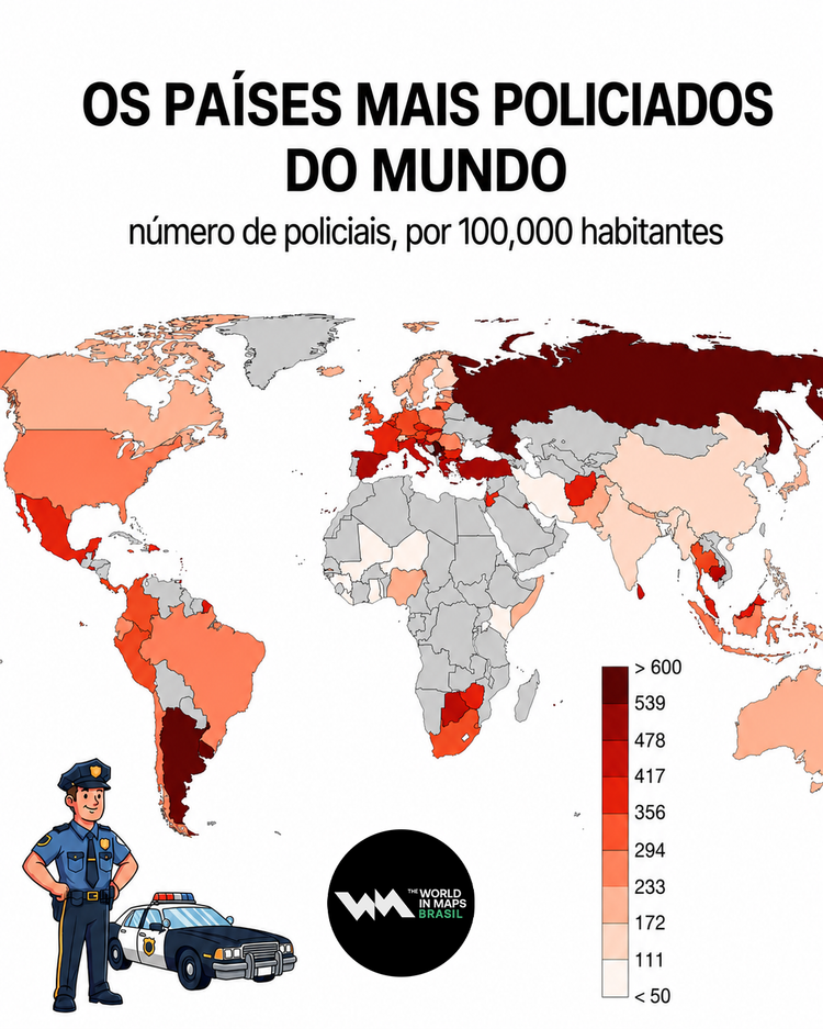 Mapa que mostra os países mais policiados do mundo