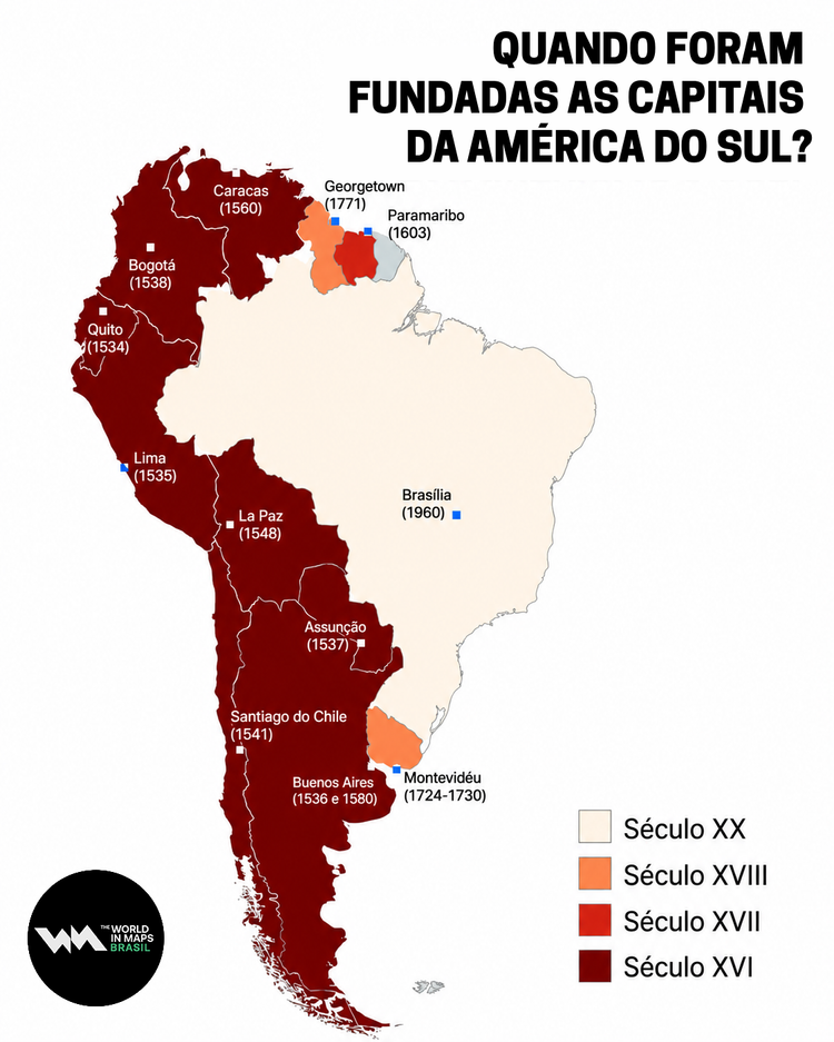 Mapa mostra quando foram fundadas as capitais da América do Sul