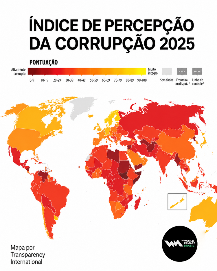 Mapa mostra índice de percepção da corrupção em 2025