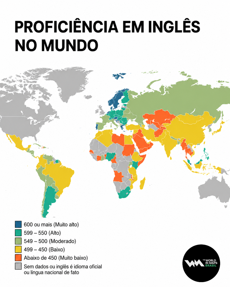 Mapa que mostra a proeficiência em inglês em todo o mundo