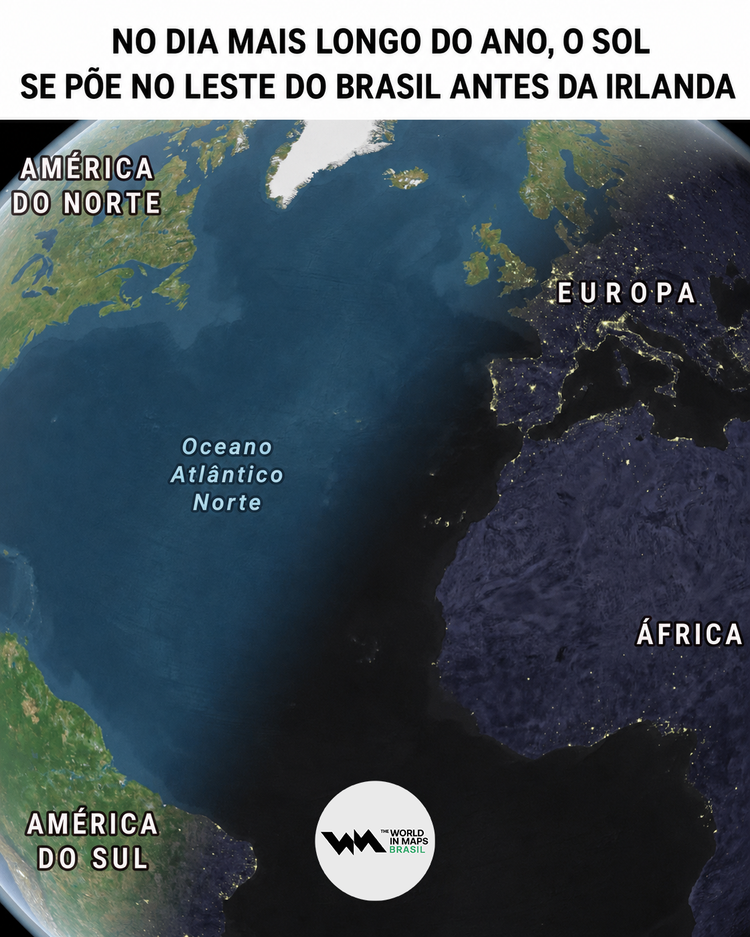 Mapa mostra o dia mais longo do ano, quando o Sol se põe no leste do Brasil antes da Irlanda