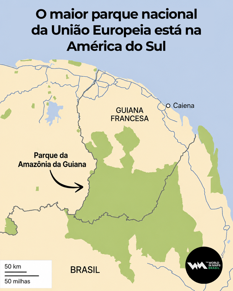 Mapa mostra o maior parque nacional da União Europeia, que fica na América do Sul