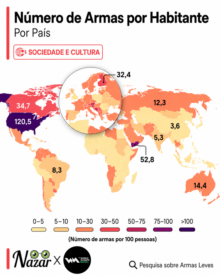 Mapa que mostra o número de armas por habitante no mundo