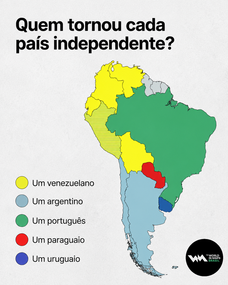Mapa mostra a nacionalidade de quem tornou os países da América do Sul independentes