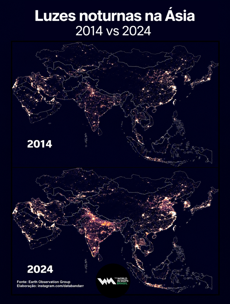 Luzes noturnas na Ásia: 2014 vs 2024