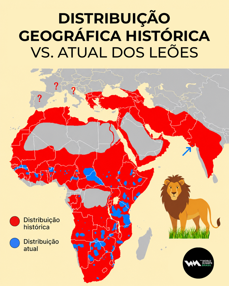 Distribuição geográfica histórica vs. atual dos leões