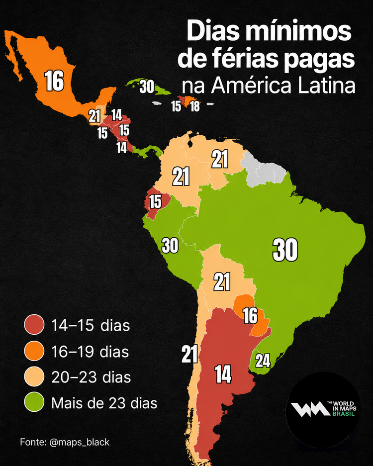 Mapa mostra os dias de férias remuneradas na América Latina