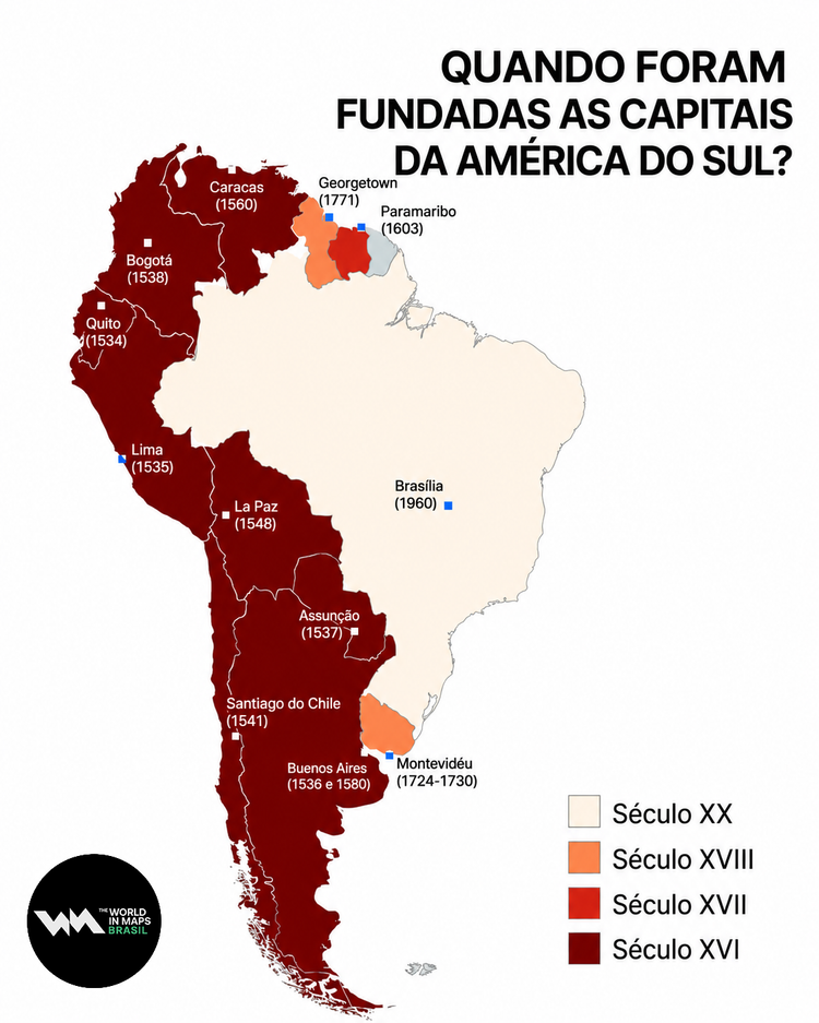 Mapa mostra quando as capitais dos países da América do Sul foram criadas 