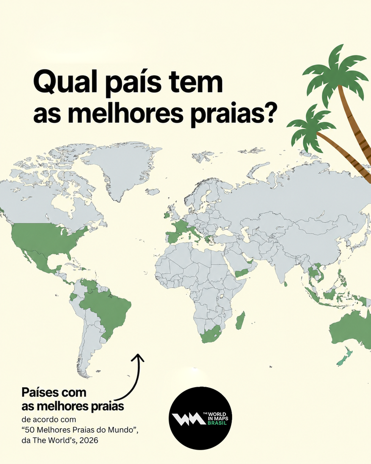 Mapa mostra quais países tem praias listadas no "50 Melhores Praias do Mundo", do The World's 2026