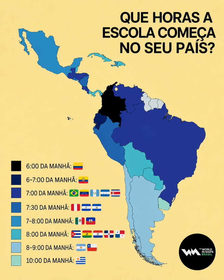 Mapa mostra o horário de início das aulas nos países da América Latina 