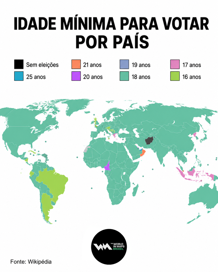 Mapa mostra idade mínima pra votar por país