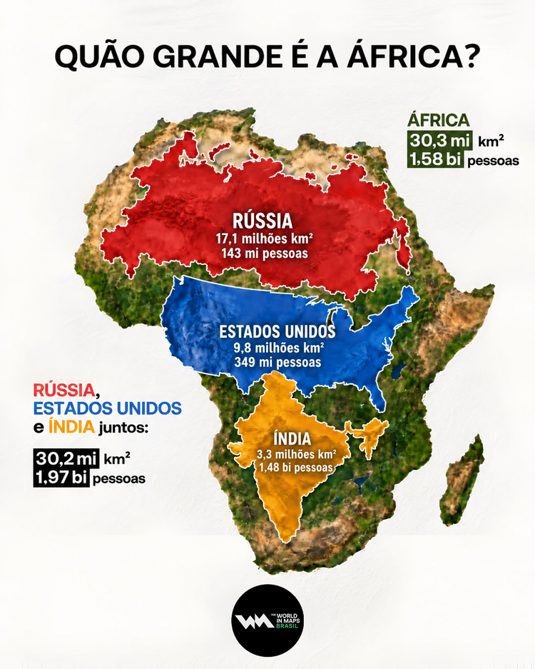 Mapa mostra o real tamanho da África em comparação a três países