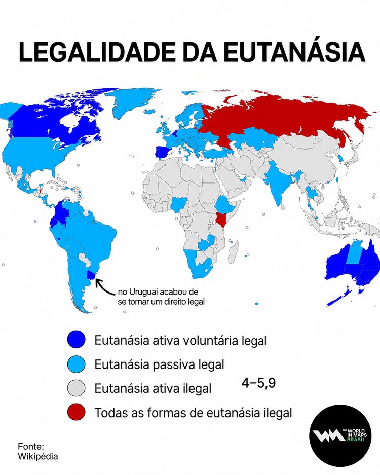 Mapa mostra o status de legalidade da eutanásia no mundo