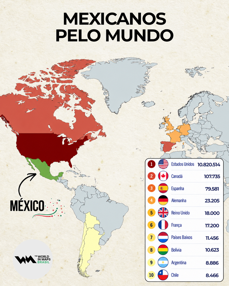 Ilustração com o mapa das maiores comunidades de mexicanos no mundo
