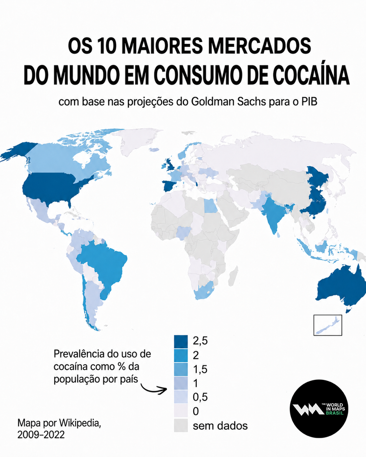 Mapa dos maiores mercados de consumo de cocaína do mundo