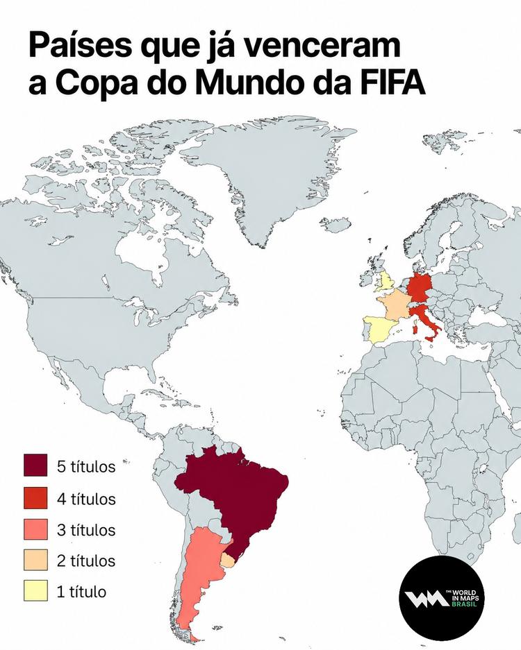 Mapa mostra seleções que ganharam a copa