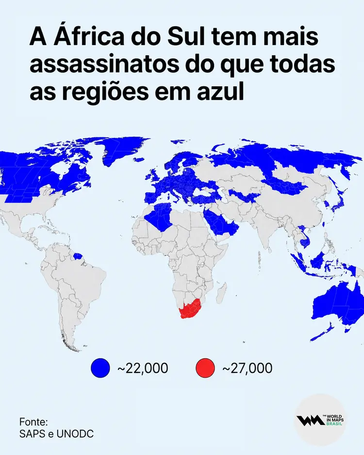 A África do Sul tem mais assassinatos do que todas as regiões em azul