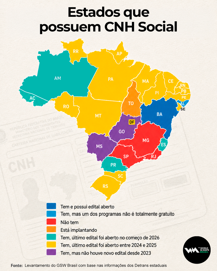 Mapa mostra quais estados tem ou não a CNH Social