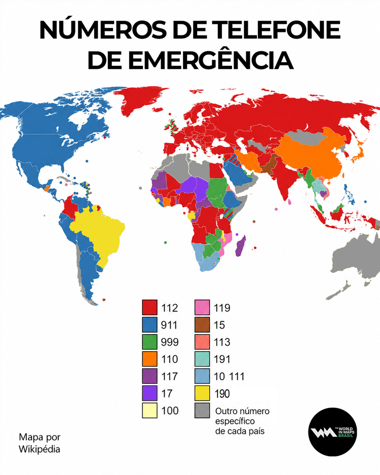 Mapa mostra os números de telefone de emergência em cada país