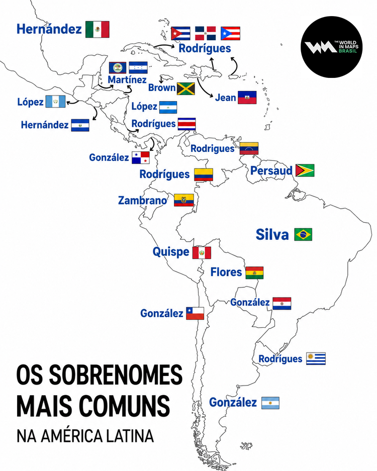 Mapa mostra quais são os sobrenomes mas comuns na América Latina