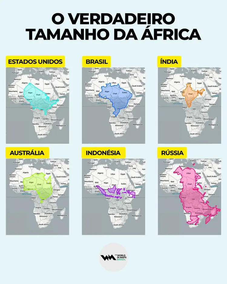 Ilustração que mostra o tamanho real da África em comparação a outros países do mundo