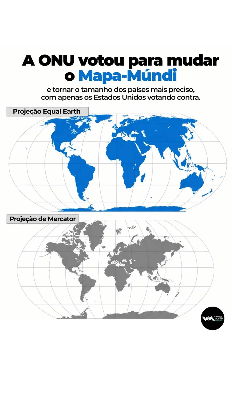 Ilustração comparando as duas versões de mapa mundi após a decisão da ONU pela alteração