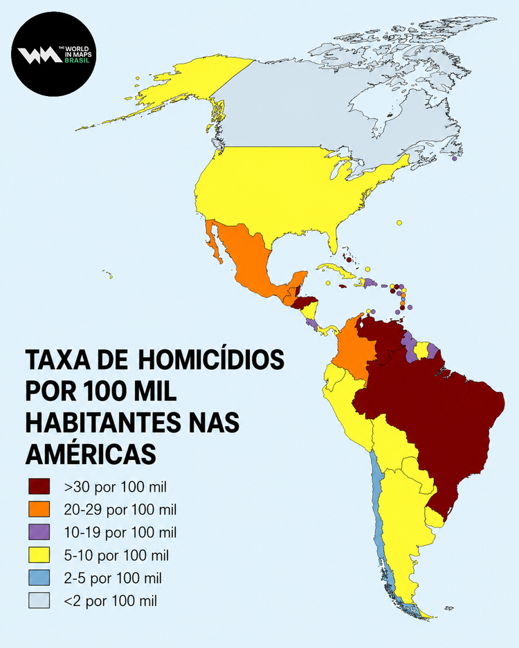 Mapa mostra a taxa de homicídios por 100 mil habitantes nas Américas