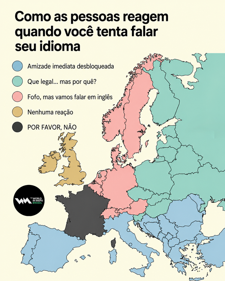 Mapa sobre como os europeus reagem a quem tenta falar seus idiomas