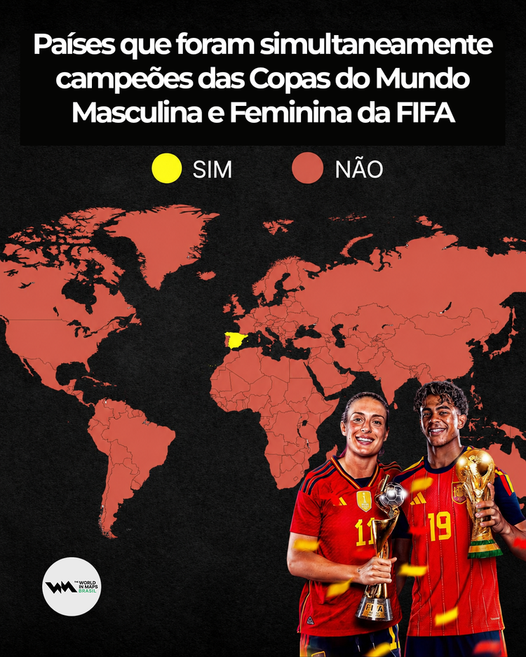 Mapa mostra que apenas a Espanha conseguiu o feito de ganhar as Copas do Mundo masculina e feminina simultaneamente 