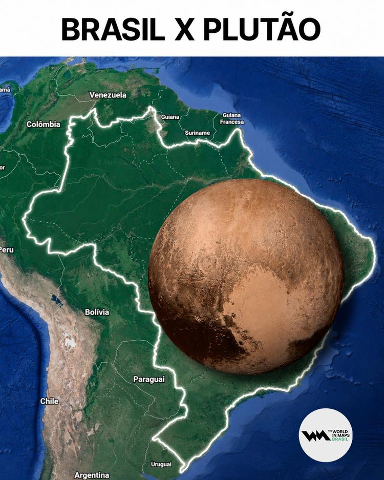 Mapa compara o tamanho do Brasil e de Plutão