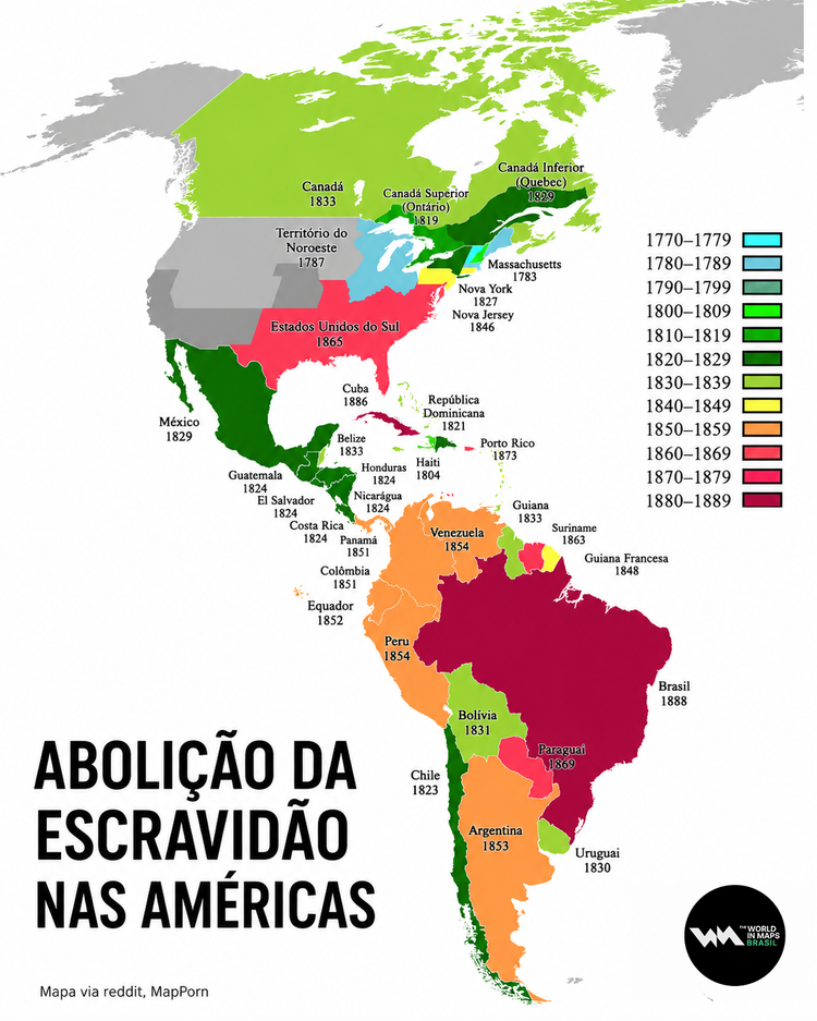 Mapa mostra o período em que cada país das Américas conquistou a abolição da escravidão 