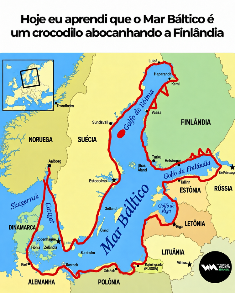 Às vezes, basta mudar o ângulo ou traçar uma simples linha de contorno para transformar completamente a forma como enxergamos a geografia mundial. Um exemplo surpreendente dessa ilusão de ótica geográfica é a silhueta do Mar Báltico. 

Quando observamos o mapa da Europa Setentrional com um olhar mais atento e criativo, fica impossível não notar: as águas do Mar Báltico formam o contorno perfeito de um gigantesco crocodilo prestes a abocanhar o território da Finlândia.
