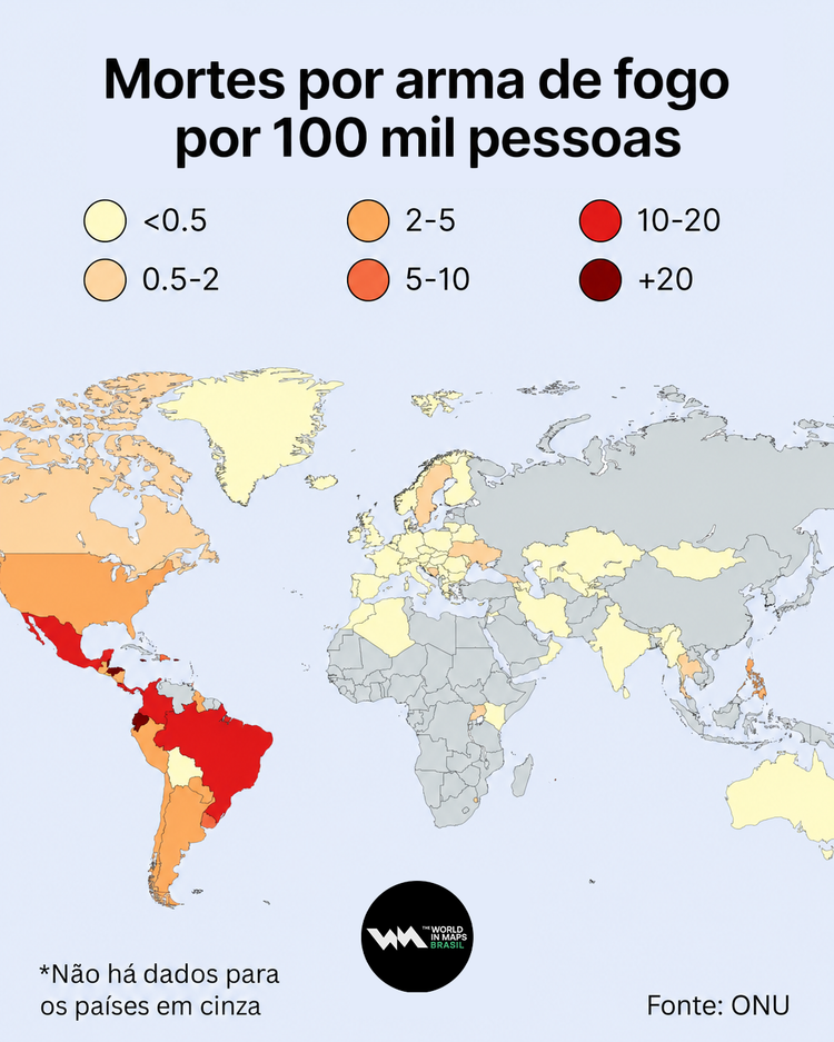 Mapa mostra mortes por armas de fogo pelo mundo
