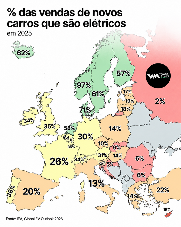 Mapa que mostra a aorcentagem de carros elétricos na Europa
