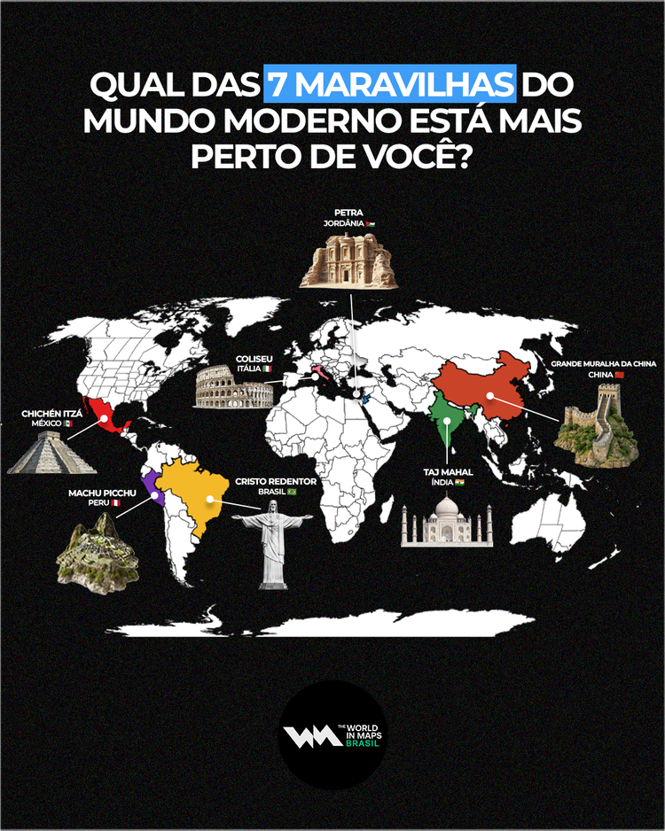 Um mapa informativo divulgado pela página The World in Maps Brasil convida o público a descobrir qual das 7 Maravilhas do Mundo Moderno está geograficamente mais próxima de onde vivem. 