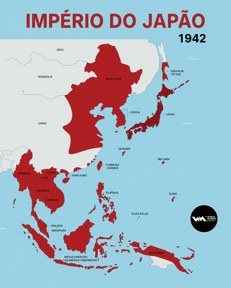 Mapa que mostra o domínio geográfico do Japão Imperial