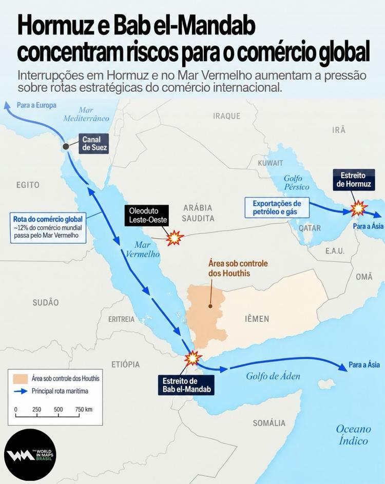 Hormuz e Bab el-Mandab concentram riscos para o comércio global
