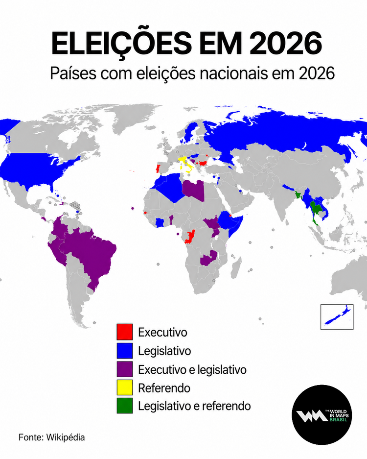Mapa mostra quais países terão eleições nacionais em 2026