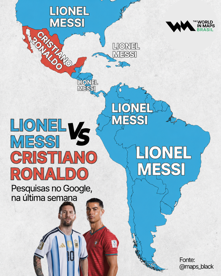 Mapa mostra quem foi o mais pesquisado no Google nas Américas: Lionel Messi ou Cristiano Ronaldo 