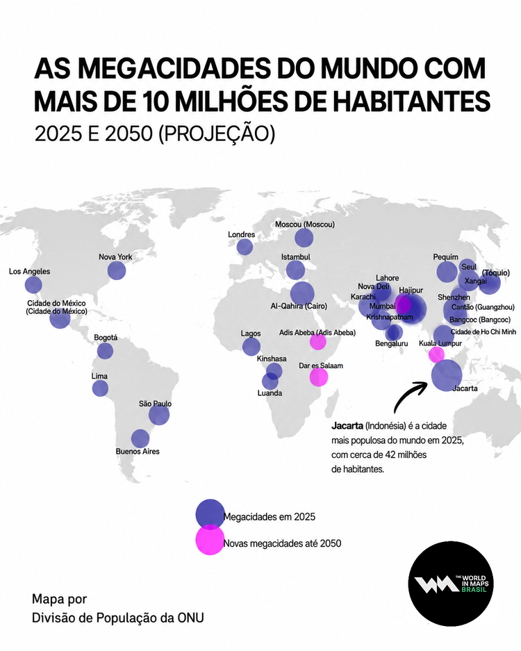 Mapa que mostra megacidades com mais de 10 milhões de habitantes