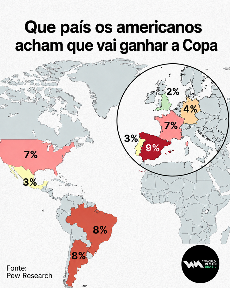 Mapa mostra qual país os americanos acham que vai ganhar a Copa do Mundo