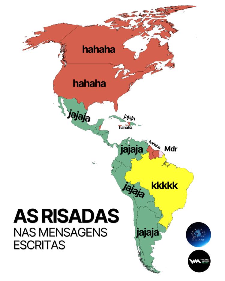 Mapa mostra quais as risadas mais comuns na mensagens escritas de cada país na América