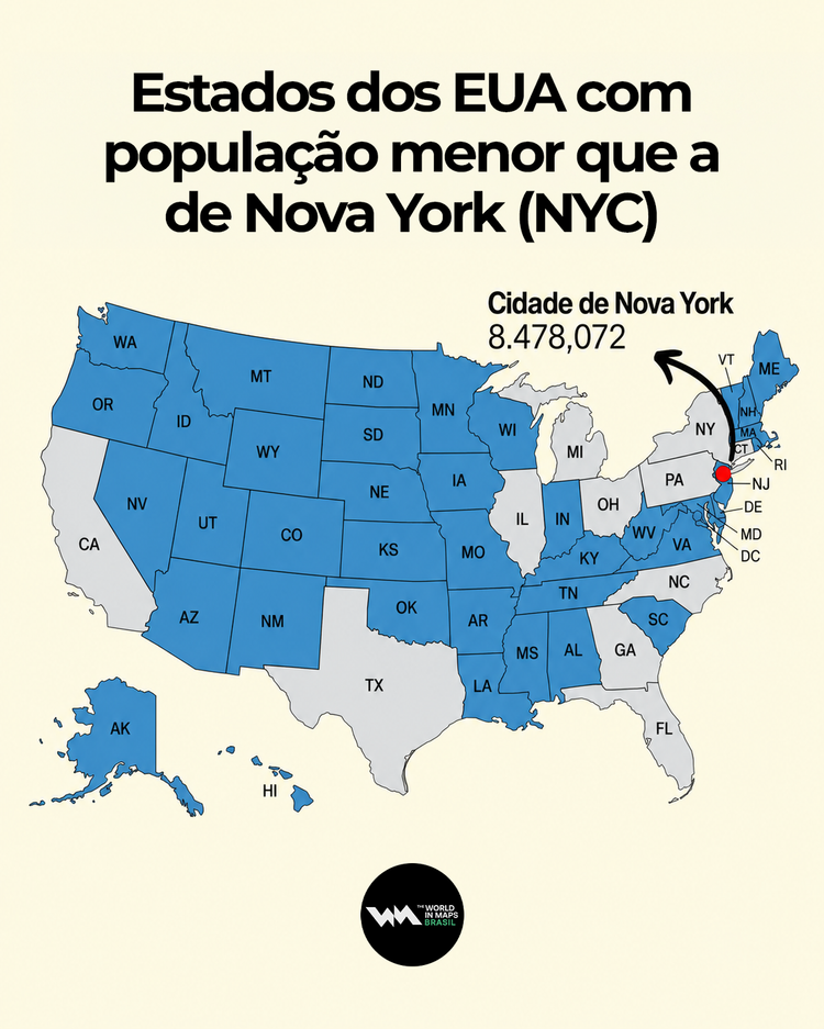 Mapa mostra os estados dos EUA com população menor que a de Nova York (NYC)