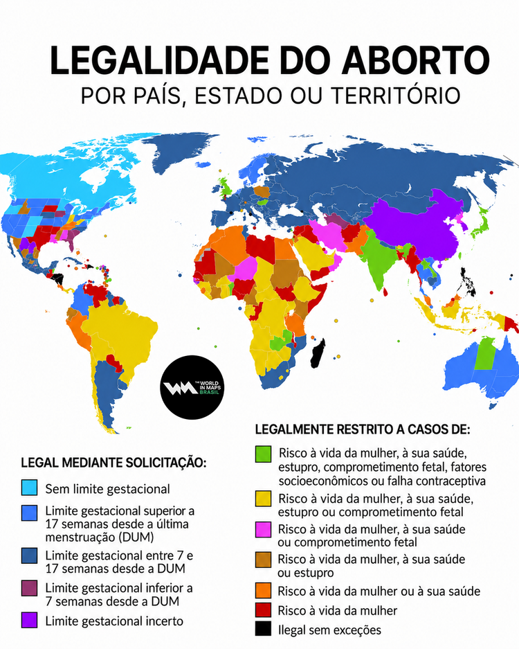 Mapa que mostra o status da legalidade do aborto no mundo